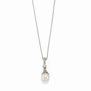 A 18K white gold, cultured pearl and diamond necklace