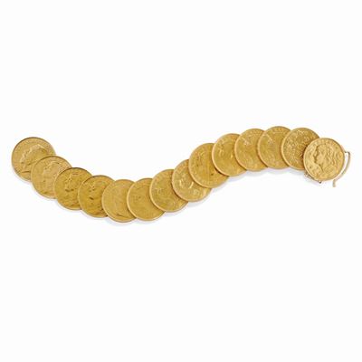 Bracciale, in oro giallo 18K con quattordici monete