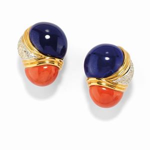 A 18K yellow gold, coral, diamond and lapislazuli earclips