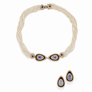 A 18K yellow gold, onyx, sapphire, cultured pearl and diamond demi parure, Bulgari