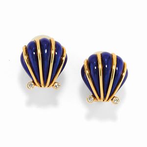 A 18K yellow gold, enamel and diamond earclips, Tiffany & Co., with box