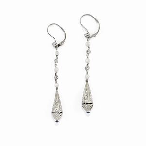 A yellow gold, platinum, pearl, diamond and sapphire pendant earrings, circa 1920