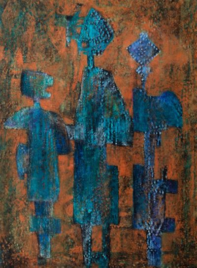 Tre figure, pastelli cerosi su cartone telato