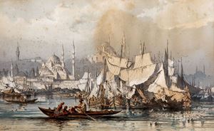 Vittorio Amadeo  Preziosi - View of the Golden Horn with boats
