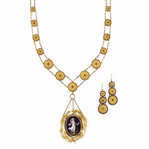 A 18K yellow gold and enamel demi parure, 19th Century