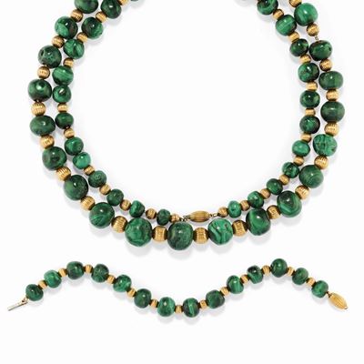Demi parure in oro giallo 18K con malachite, composta da collana e bracciale