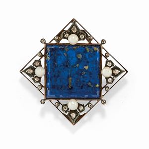A silver, yellow gold, pearl, lapislazuli and diamond brooch