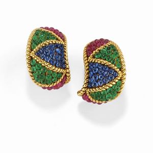 A 18K yellow gold, sapphire, emerald and ruby earclips, Sabbadini