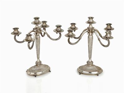 Candelabri, coppia a cinque fiamme in argento, Firenze, Italia, 1950-1967
