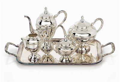Fani, Set da tè e caffè in argento con vassoio rettangolare, Italia