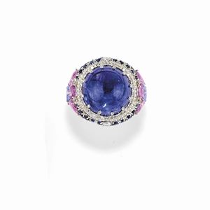 A 18K white gold, tanzanite, ruby, sapphire and diamond ring