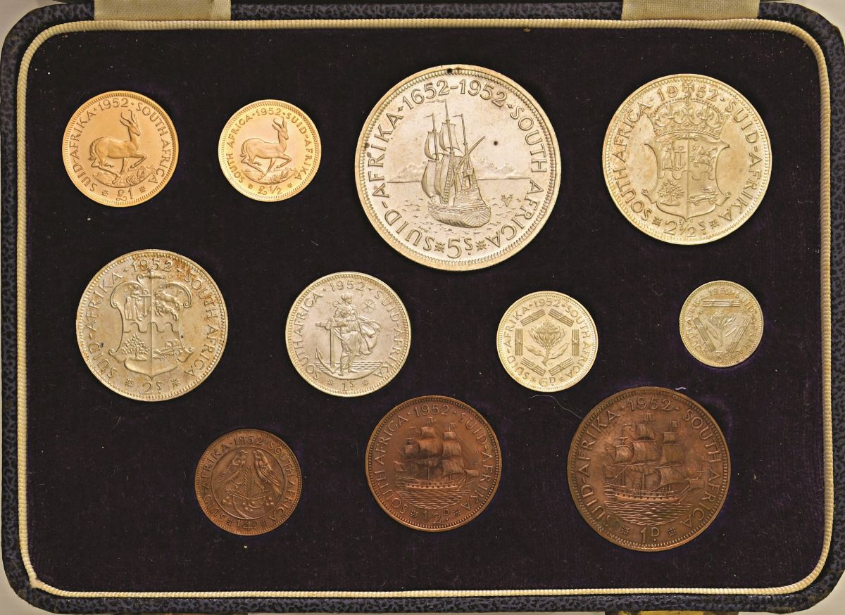 Giorgio VI, Serie di 11 valori monetari del Sudafrica (1952), in oro e argento, Proof