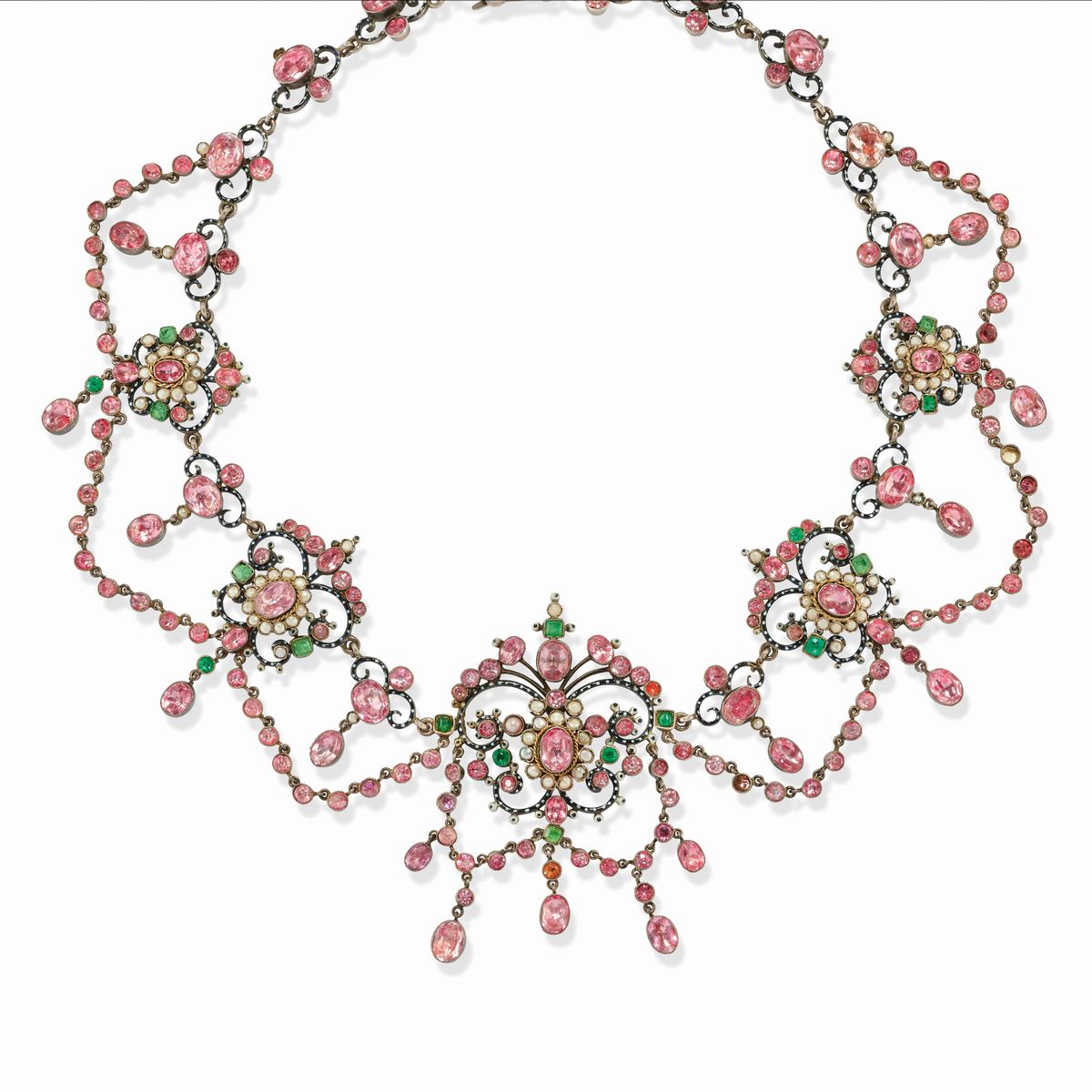 An important silver, enamel, glass paste and pearl necklace, Russia