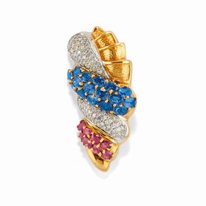 Spilla con rubini, zaffiri e diamanti
