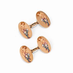A 9K yellow gold and enamel cufflinks, first half of 20th Century