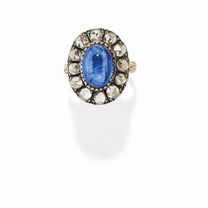 A silver, 18K yellow gold, sapphire and diamond ring, first half of 20th Century
