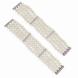 A couple of 18K white gold, cultured pearl, ruby and diamond bracelets