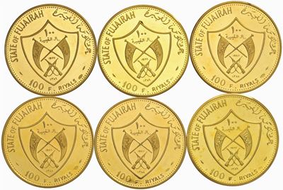 FUJAIRAH, Lotto di 6 monete da 100 F. riyals, 1969-1970, Oro
