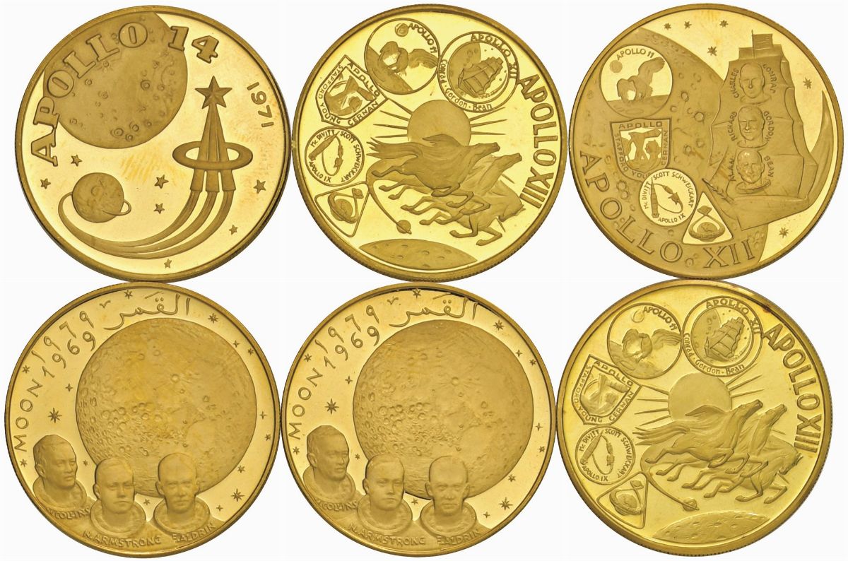 FUJAIRAH, Lotto di 6 monete da 100 F. riyals, 1969-1970, Oro