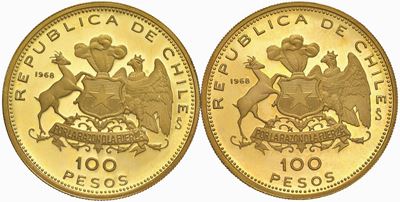 CILE, Repubblica 100 pesos 1968, lotto di 2 esemplari in oro