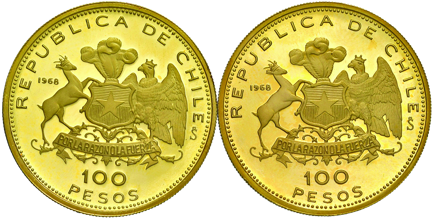 CILE, Repubblica 100 pesos 1968, lotto di 2 esemplari in oro
