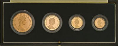 Gran Bretagna, Elisabetta II - Serie di 4 valori in oro 1980 (5 e 2 pounds, sterlina e mezza ster...