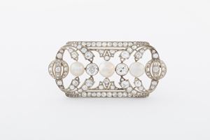 A platinum, natural pearl and diamond brooch, early 20th Century