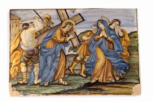  - Majolica tile depicting the ascent to Calvary, Castelli manufacture, 18th century