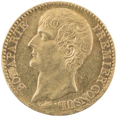 Moneta di Napoleone Bonaparte, Primo Console (1799-1804), 40 franchi, oro, gr. 12,88