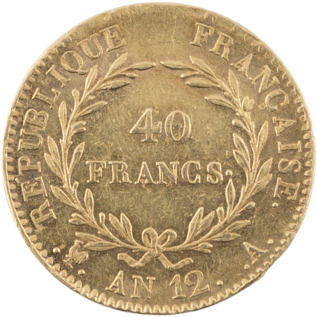 Moneta di Napoleone Bonaparte, Primo Console (1799-1804), 40 franchi, oro, gr. 12,88