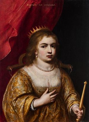 Allegorical figure of a young queen with scepter, crown and yoke and the motto Regnum est servitus