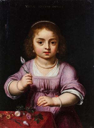 Allegorical figure of a little girl with cut flowers and the motto Vitae brevis honos