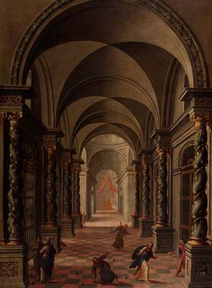 Interno di una cattedrale con scena di lapidazione