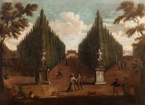 Garden of a villa with bystanders; and Garden of a villa with beggars near ancient sculptures
