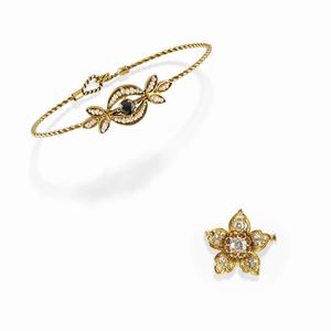  - Spilla e bracciale con diamanti, perle e zaffiro