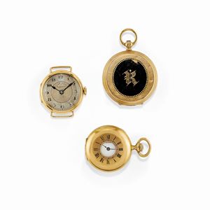 Three 18K yellow gold, enamel, ruby and diamond watches, defects
