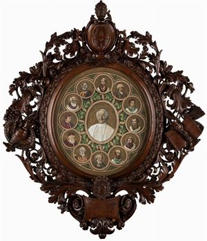 Incisione acquerellata raffigurante ritratto di Papa Leone XIII Pecci, al centro circondato da ritratti di altri Papi di nome Leone