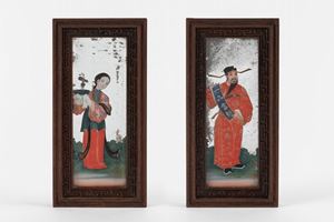 Due dipinti sottovetro raffiguranti un dignitario e una concubina, Cina Canton secolo XIX