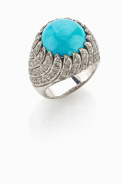 Anello in oro bianco 18K con diamanti e turchese