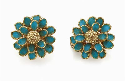 Orecchini in oro giallo 18K e smalto blu, circa 1970