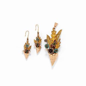 A 18K yellow gold, pearl, turquoise and colored gemstone demi parure, brooch-pendant and earrings, circa 1950, defects