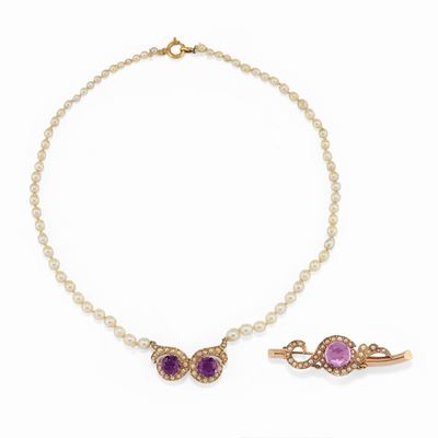 Demi-parure in oro rosa con ametiste sfaccettate e perle coltivate