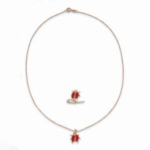 A 18K red gold, diamond and enamel necklace and ring