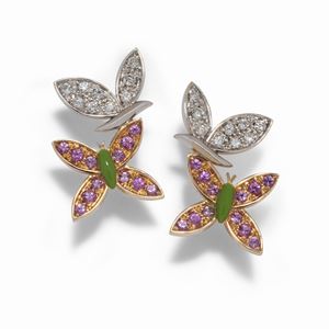 A 18K two color gold, diamond, sapphire and enamel earrings