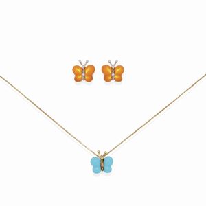 Collana e orecchini con diamanti, pasta di turchese e madreperla colorata