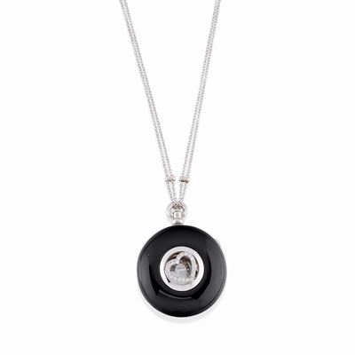 Collana in oro bianco 18K con pendente portafotografia, onice e diamanti
