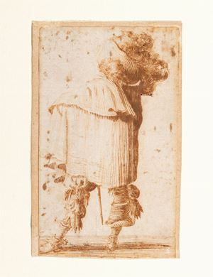 Gentiluomo con cappello piumato e mantello visto di spalle