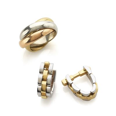 Cartier, Lotto anello e orecchini in oro giallo e bianco 18K