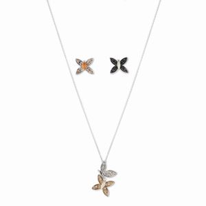 A 18K white gold, diamond, enamel and orange sapphire necklace and earrings.