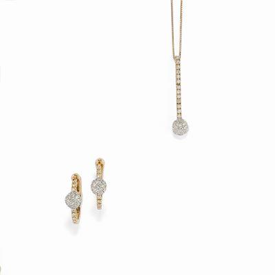 Collana e orecchini in oro rosa e bianco 18K con diamanti taglio brillante